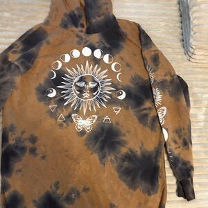 Oversized Tie-Dye Sun & Moon Graphic Hoodie - Brown & Black